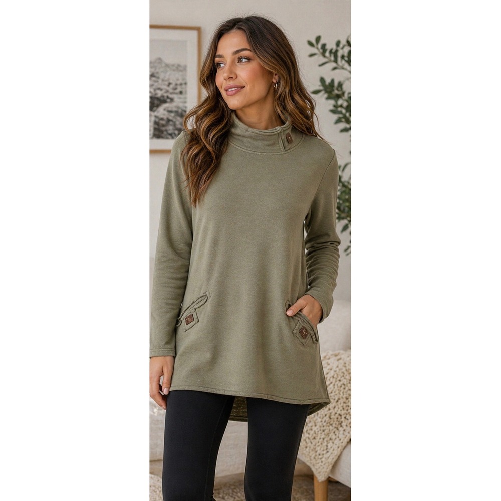Neon Buddha Olive Green Tunic Sweatshirt Womens XS Mock Neck Pullover Stretch
